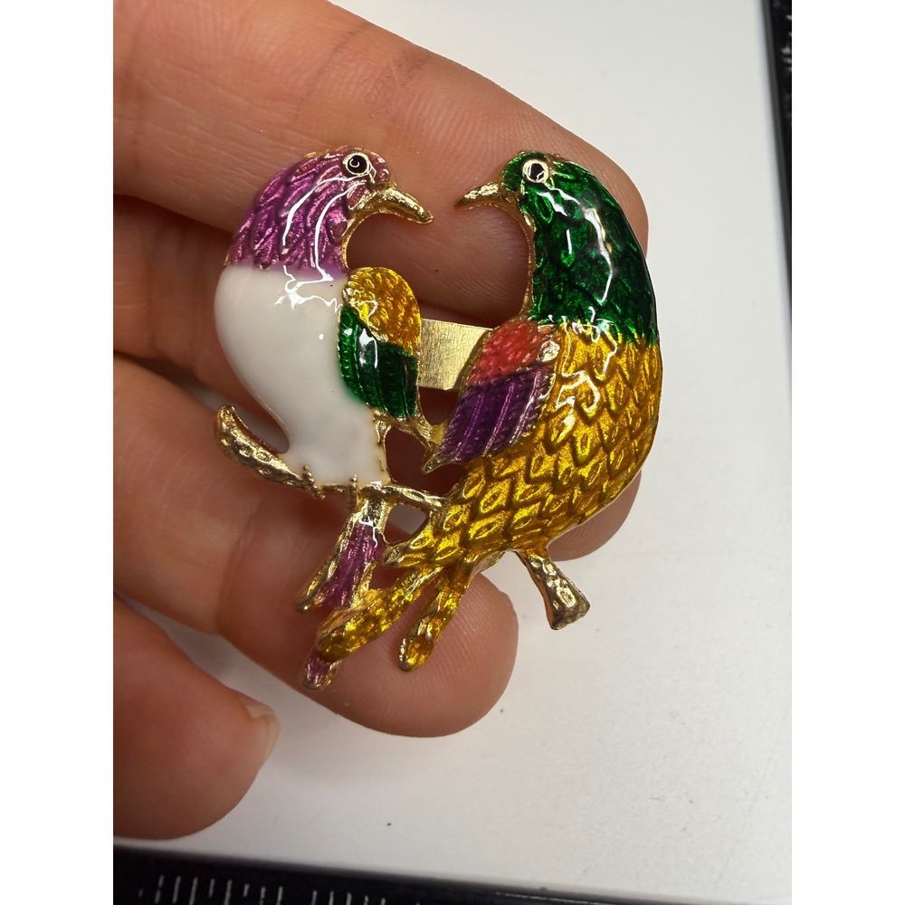 Vintage Enamel Two Birds on a Branch Brooch Gold Tone Colorful Nature Pin